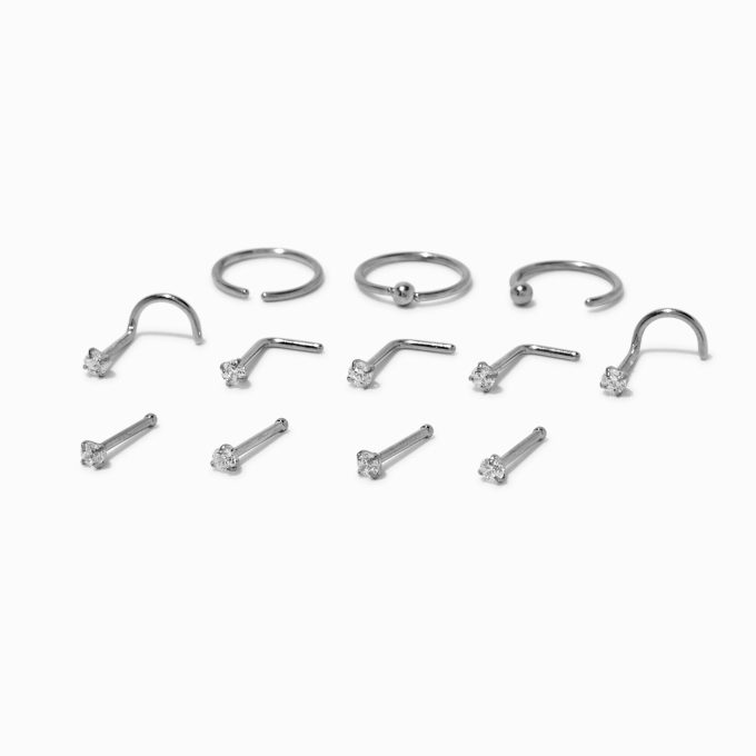 20G Silver-tone Stainless Steel Cubic Zirconia Nose Studs & Hoop - 12 Pack