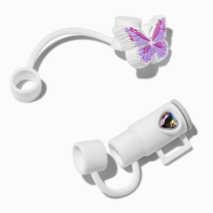 Purple Butterfly & White Cup Straw Covers - 2 Pack