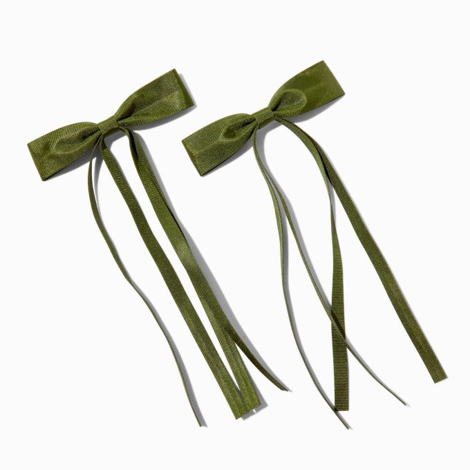 Green Grosgrain Ribbon Long Tail Hair Bow Clips - 2 Pack