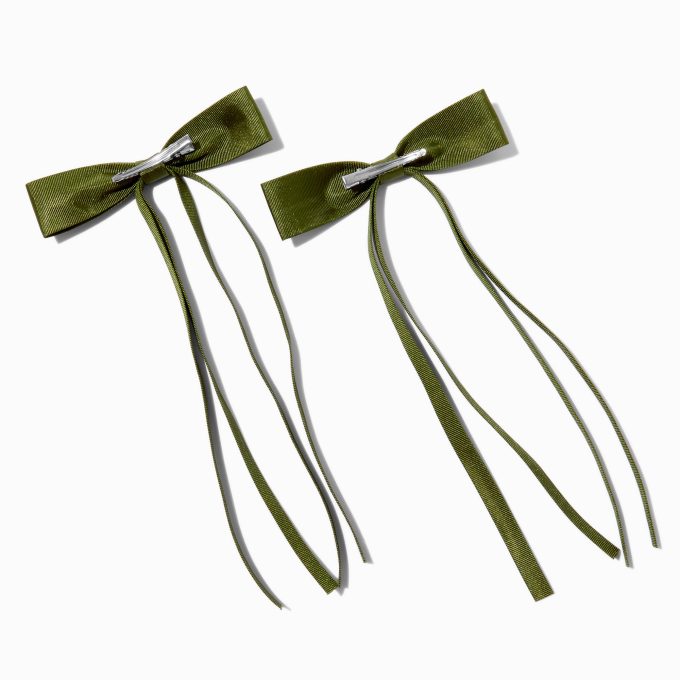 Green Grosgrain Ribbon Long Tail Hair Bow Clips - 2 Pack