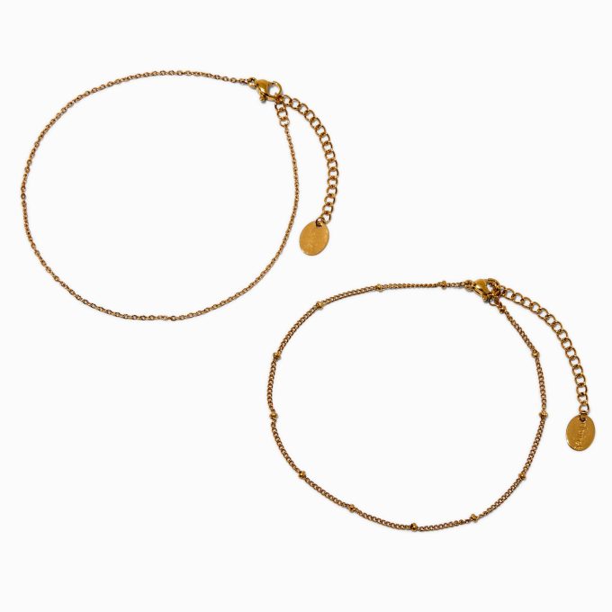 Gold-tone Stainless Steel Ball Chain Anklets - 2 Pack