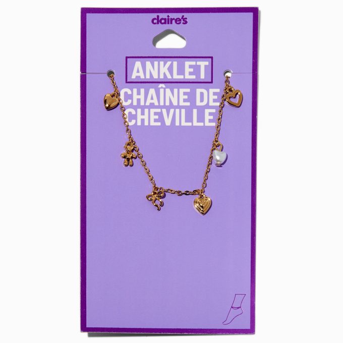 Gold-tone Heart & Pearl Charm Anklet