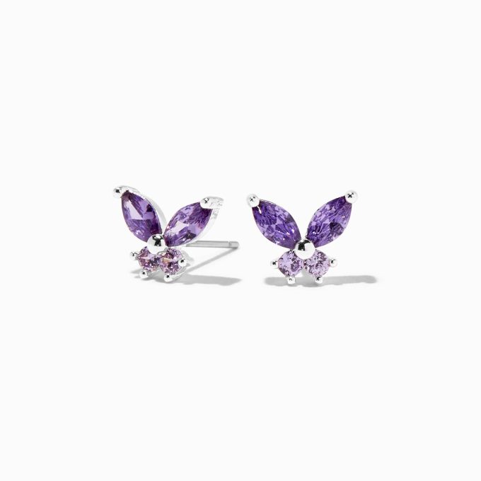 Purple Cubic Zirconia Silver-tone Butterfly Stud Earrings