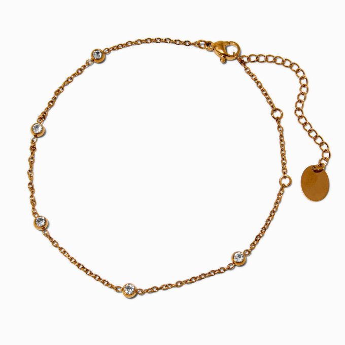 Gold-tone Stainless Steel Cubic Zirconia Stationed Chain Anklet