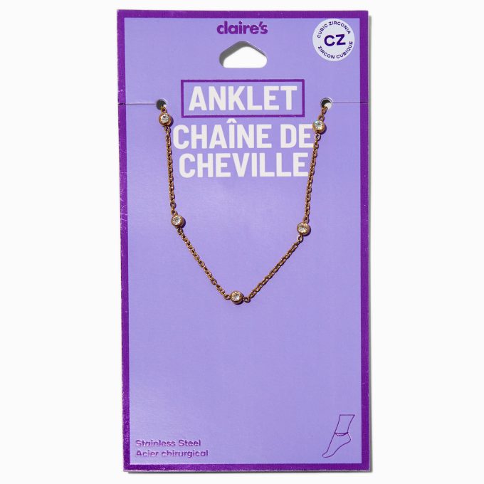 Gold-tone Stainless Steel Cubic Zirconia Stationed Chain Anklet