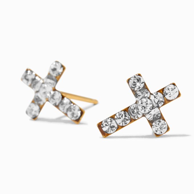 24kt Gold Plated Crystal Cross Studs Ear Piercing Kit with Ear Care Solution