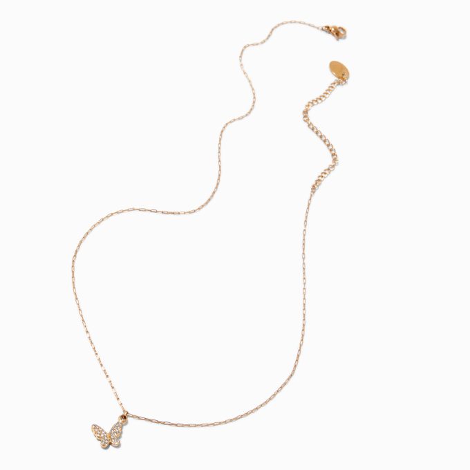 Gold-tone Stainless Steel Pavé Butterfly Pendant Necklace