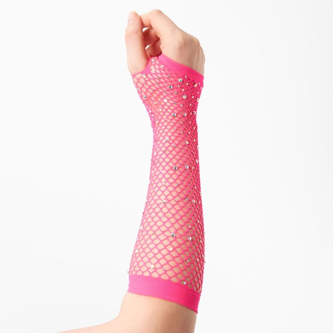 Pink Rhinestone Fishnet Arm Warmers