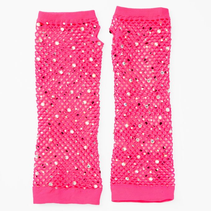 Pink Rhinestone Fishnet Arm Warmers