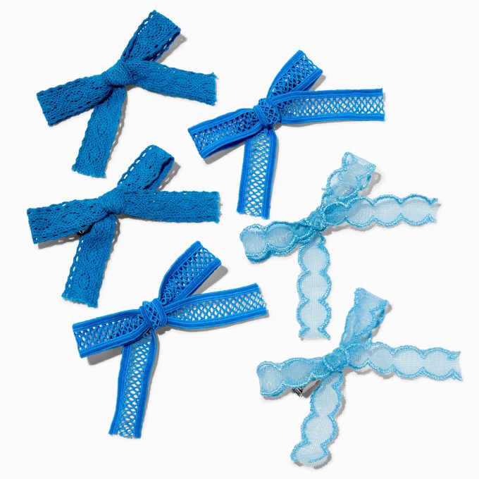 Mixed Blue Lace Hair Bow Clips - 6 Pack