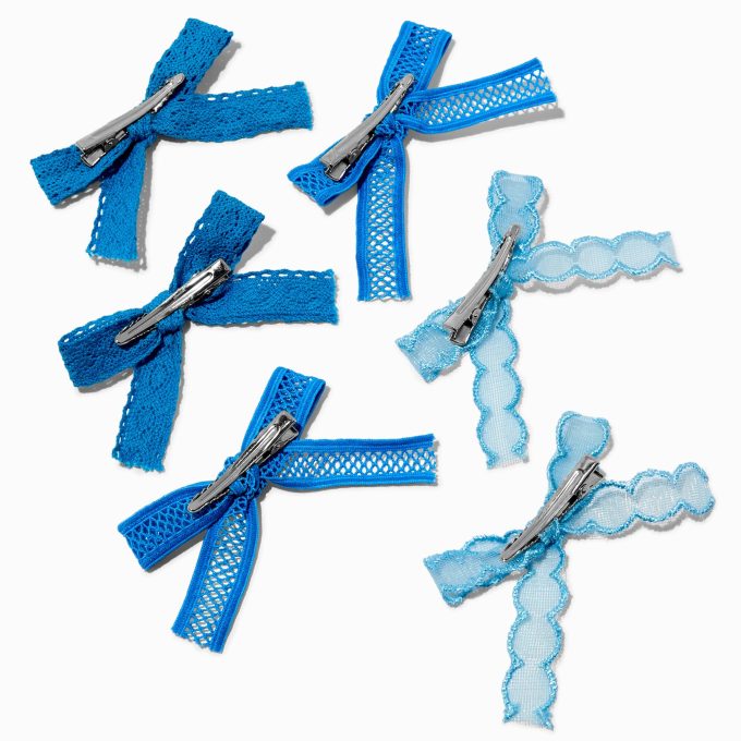 Mixed Blue Lace Hair Bow Clips - 6 Pack