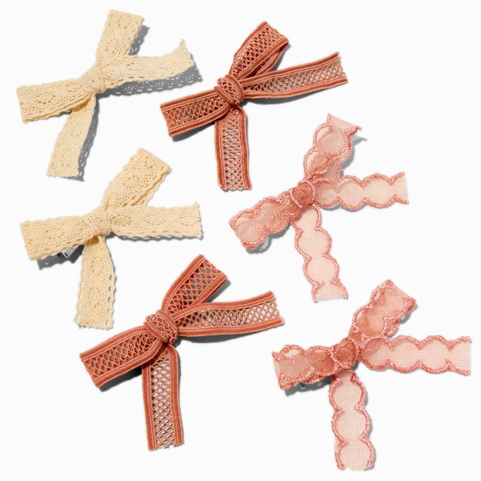 Mixed Boho Tan Lace Hair Bow Clips - 6 Pack