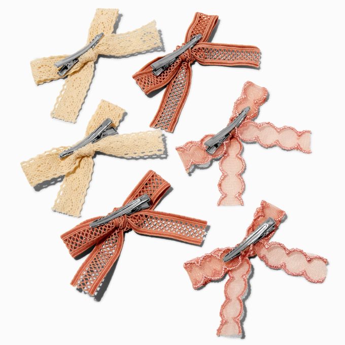 Mixed Boho Tan Lace Hair Bow Clips - 6 Pack