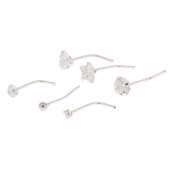22G Sterling Silver Cubic Zirconia Mixed Nose Studs - 6 Pack