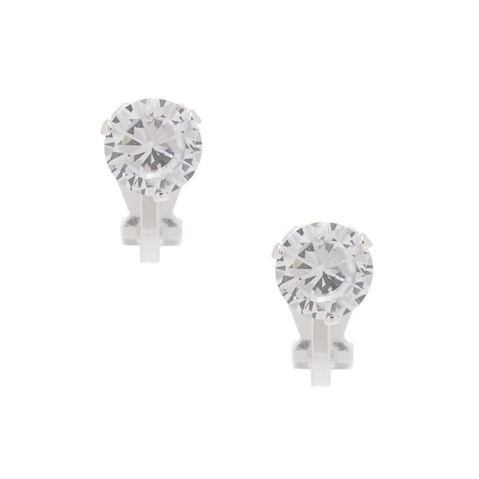 Silver-tone Cubic Zirconia Round 7mm Clip-On Earrings