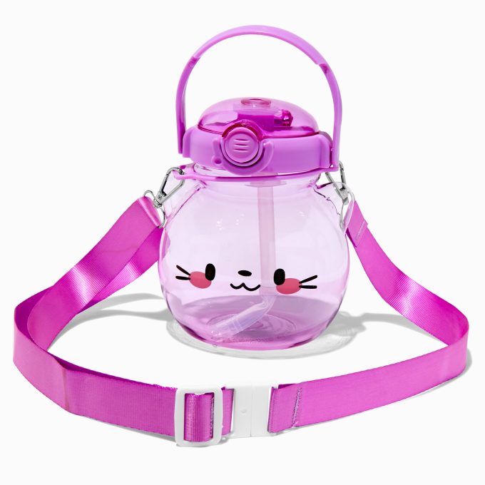 Purple Cat Head Crossbody Water Bottle