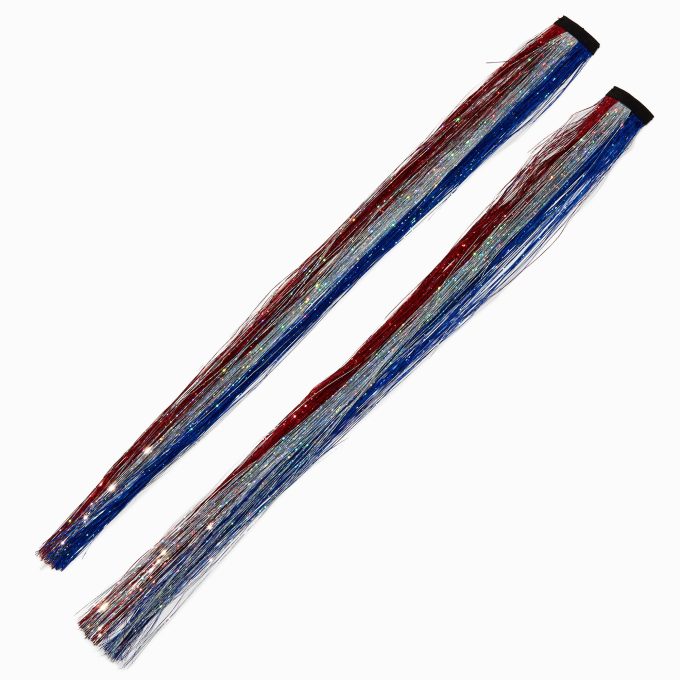 Red, White, & Blue Tinsel Faux Hair Clip In Extensions - 2 Pack