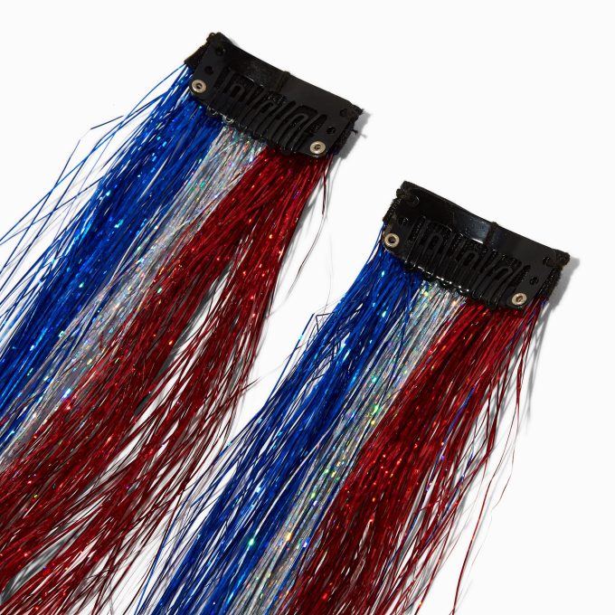 Red, White, & Blue Tinsel Faux Hair Clip In Extensions - 2 Pack