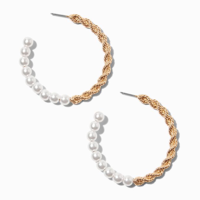 Gold-tone Twisted Pearl 50mm Hoop Earrings