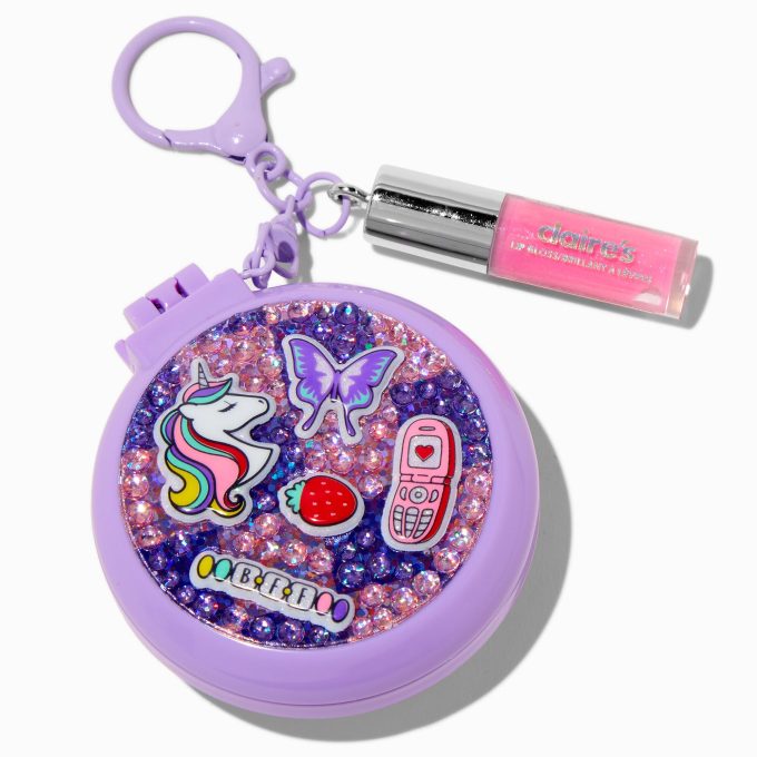 Purple Y2K Unicorn Hair Brush & Lip Gloss Keychain