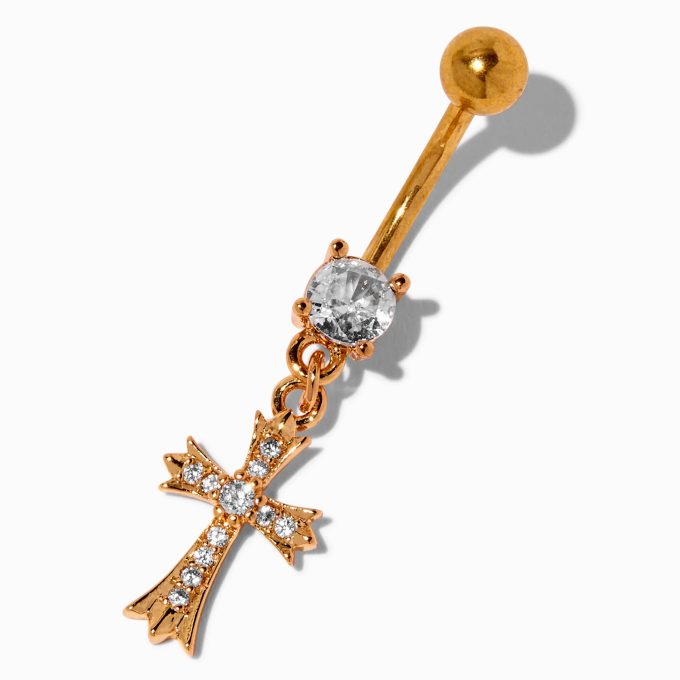 Gold-tone Stainless Steel Cubic Zirconia Gothic Cross 14G Belly Bar