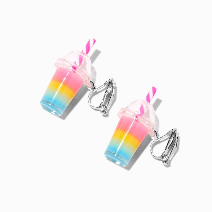 Rainbow Bubble Tea Clip-On Drop Earrings
