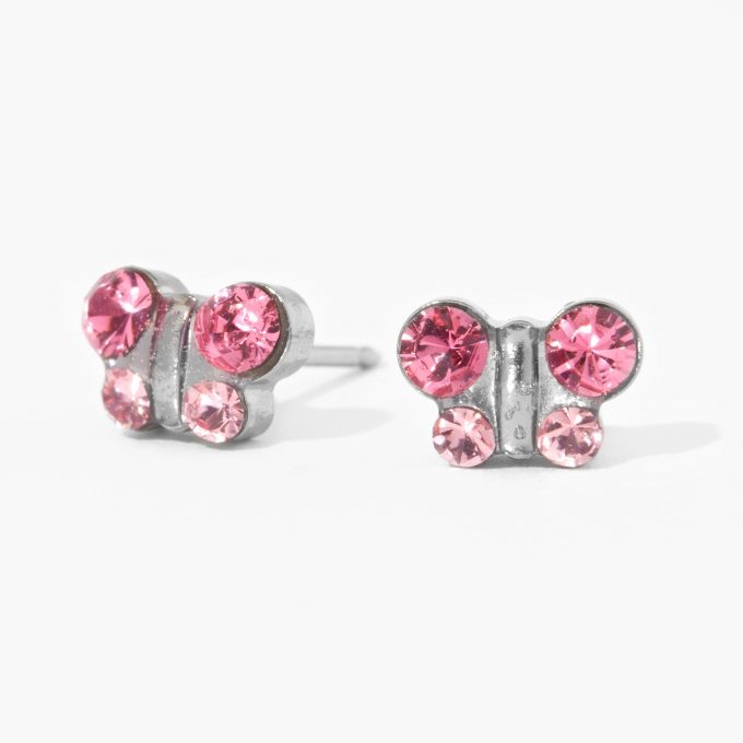 Stainless Steel Pink Crystal Butterfly Studs Ear Piercing Kit with Ear Care Solution