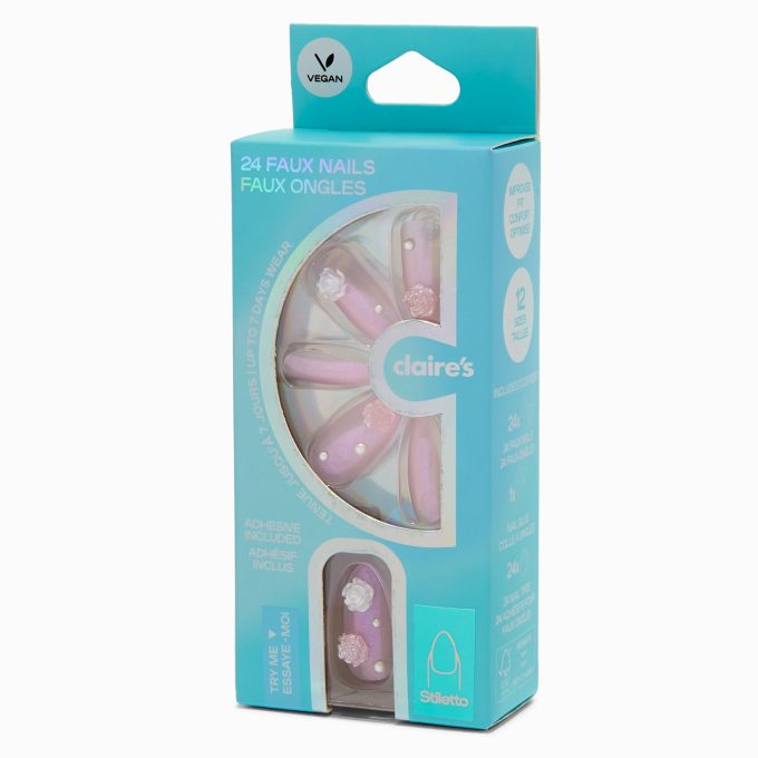 3D Rose & Pearl Stiletto Vegan Faux Nail Set - 24 Pack
