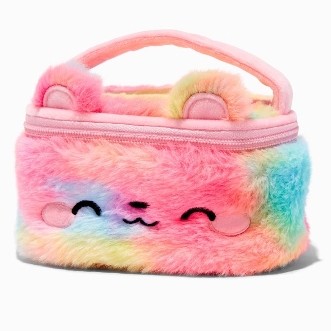 Claire's Club Rainbow Bear Furry Makeup Bag