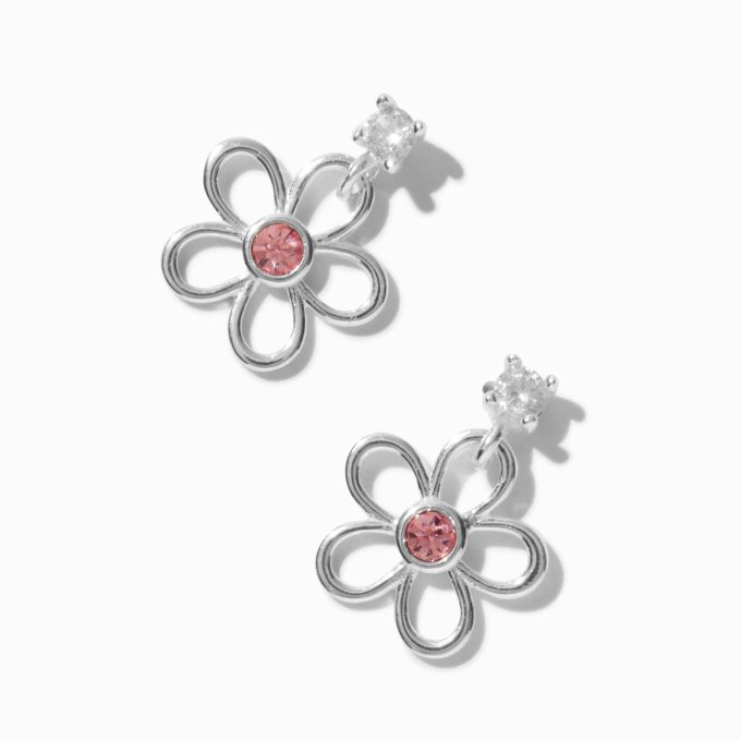 C LUXE by Claire's Sterling Silver Cubic Zirconia Pink Flower Drop Earrings