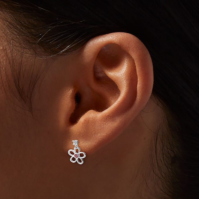C LUXE by Claire's Sterling Silver Cubic Zirconia Pink Flower Drop Earrings