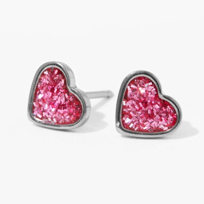 Stainless Steel Glitter Heart Studs Ear Piercing Kit with Ear Care Solution