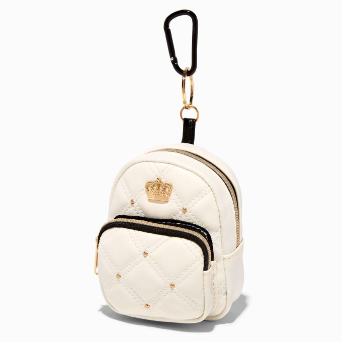 Gold Crown White Quilted Mini Backpack Keychain