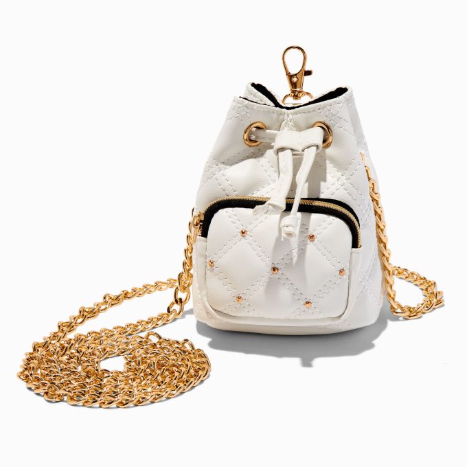 White Quilted Mini Backpack Crossbody Bag Keychain