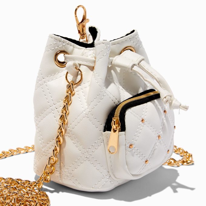 White Quilted Mini Backpack Crossbody Bag Keychain