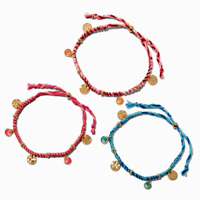 Woven Seashell Charms Adjustable Bracelets - 3 Pack