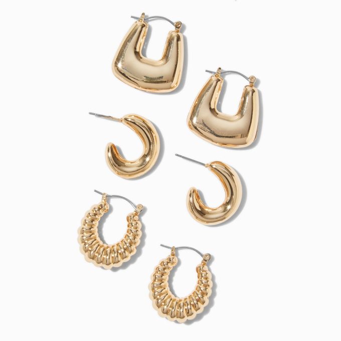 Gold-tone Textured Mixed Hoop Earring Stackables Set - 3 Pack