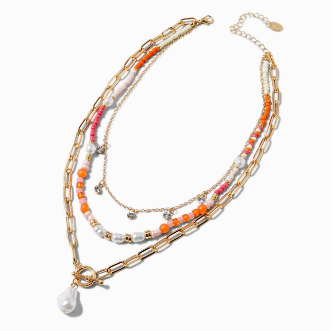 Pearl Toggle Coral Beaded Multi-Strand Necklace