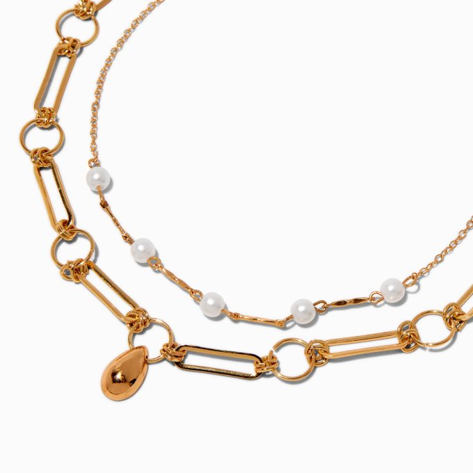 Gold-tone Teardrop Paper Clip & Pearl Chain Multi-Strand Necklace