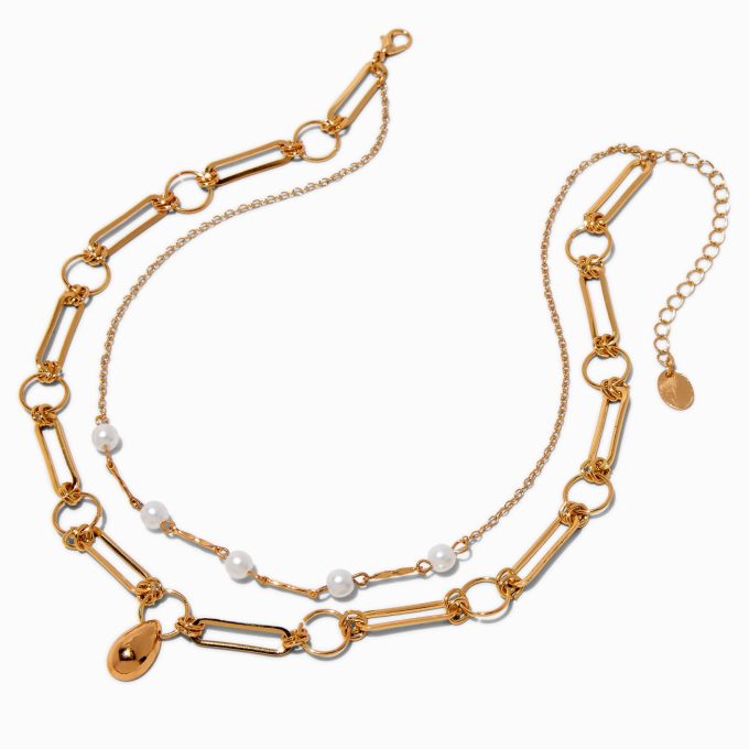 Gold-tone Teardrop Paper Clip & Pearl Chain Multi-Strand Necklace