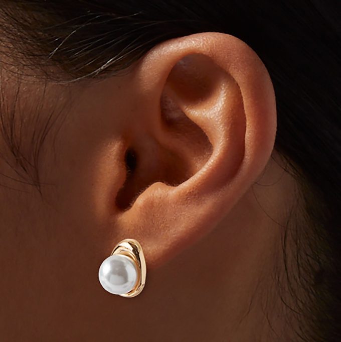 Gold-tone Pearl Compass Stud Earrings