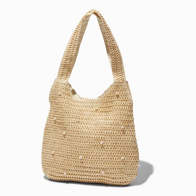 Tan Pearl Woven Slouchy Shoulder Bag