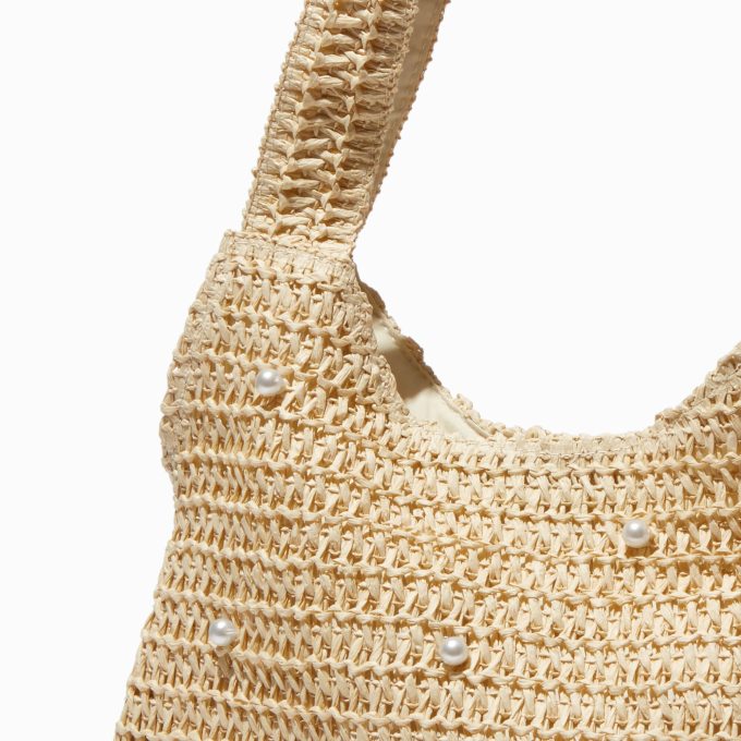 Tan Pearl Woven Slouchy Shoulder Bag