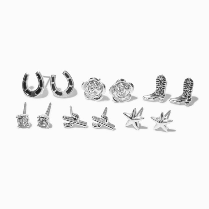 Silver-tone Cowgirl Stud Earrings - 6 Pack