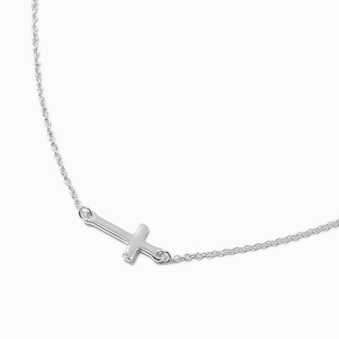 Silver-tone Sideway Cross Pendant Necklace