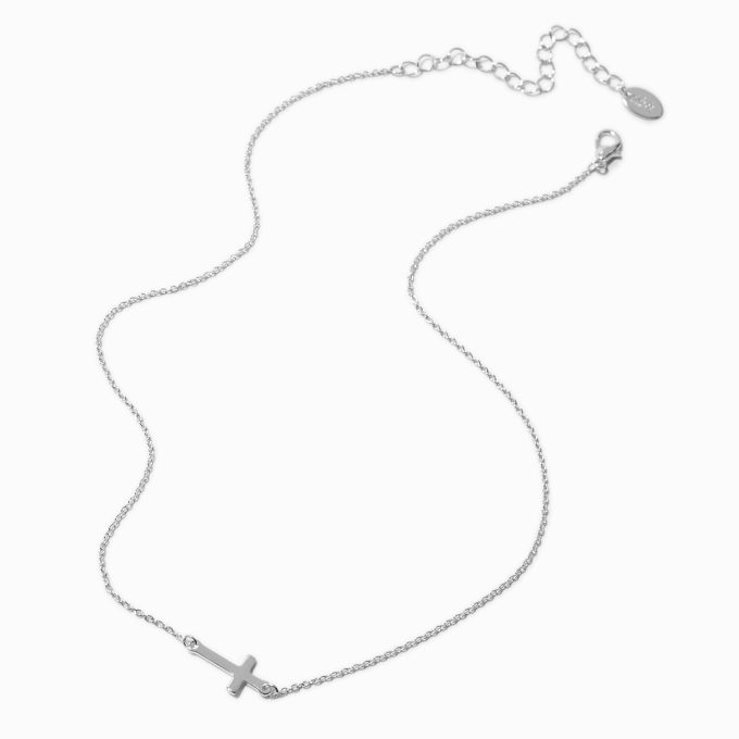 Silver-tone Sideway Cross Pendant Necklace