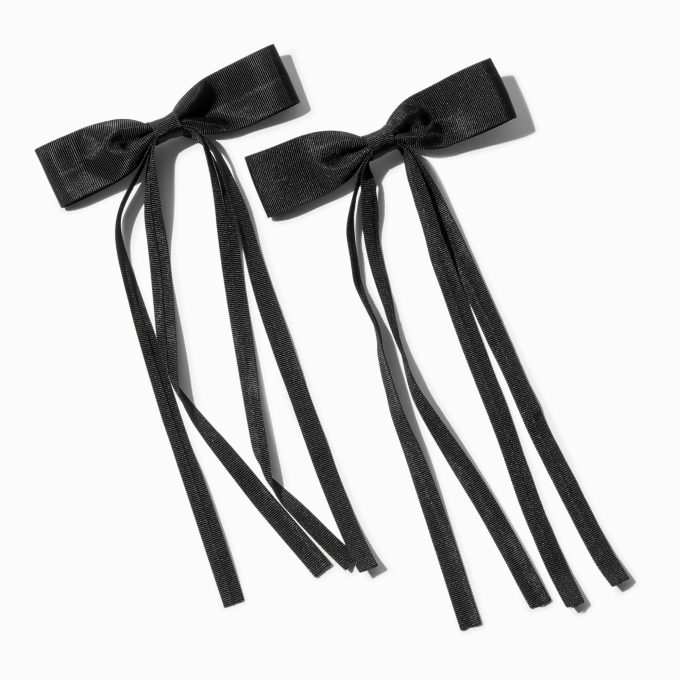 Black Grosgrain Ribbon Long Tail Hair Bow Clips - 2 Pack