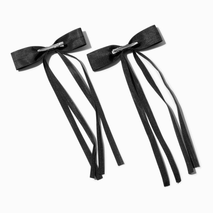 Black Grosgrain Ribbon Long Tail Hair Bow Clips - 2 Pack