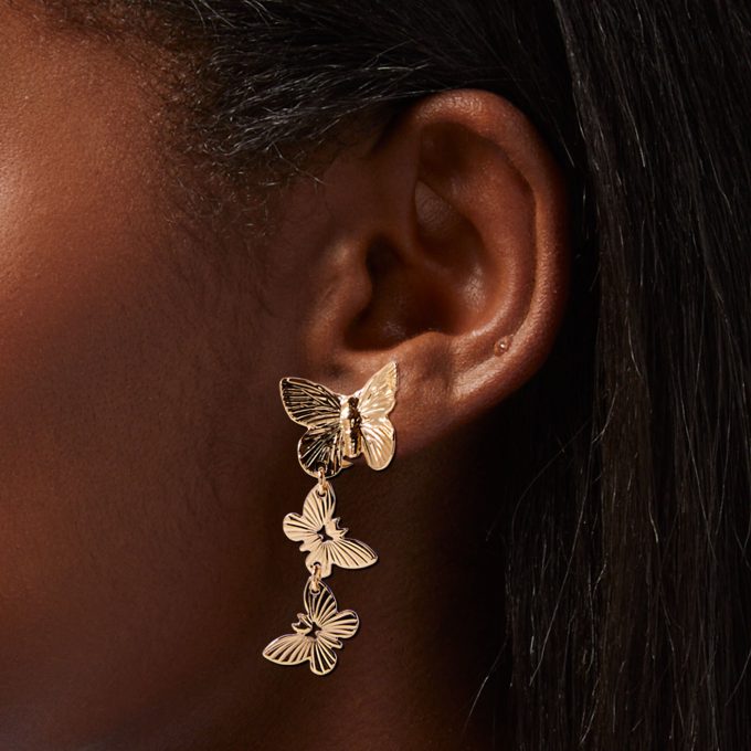 Gold 1.5" Butterfly Clip-On Drop Earrings