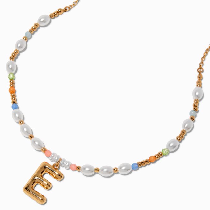 Gold-tone Bubble Initial Pastel Beaded Pendant Necklace - E